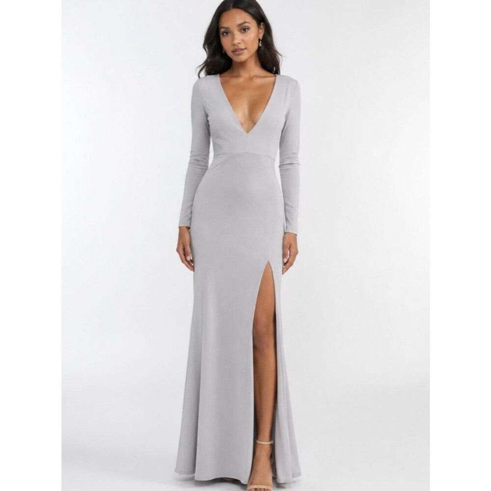 Long Silver Crepe Deep V Long Sleeve Formal Evening Gown Allure 1689